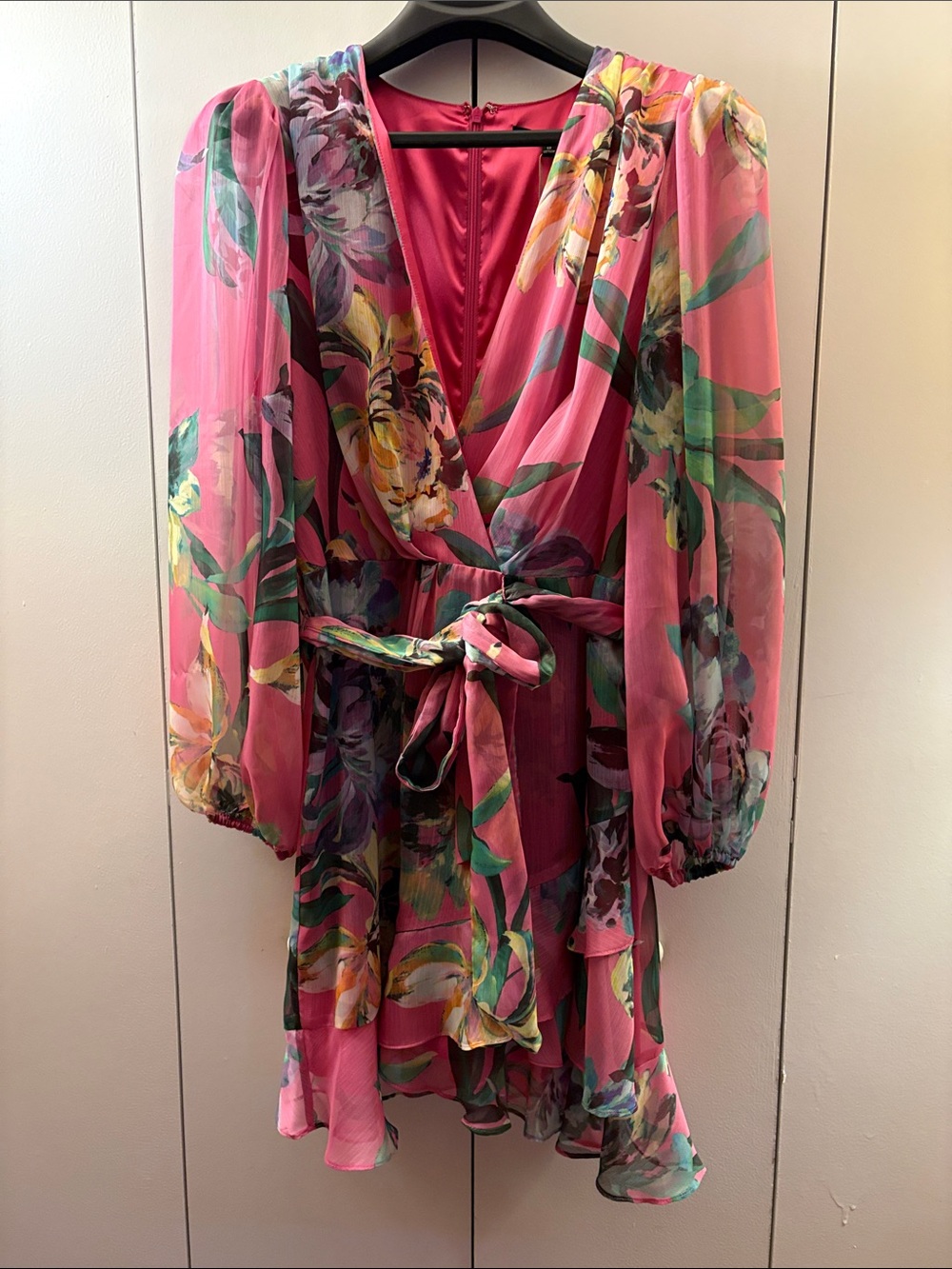 Alex Marie Pink Floral Wrap Mini Dress with Sheer Balloon Sleeves